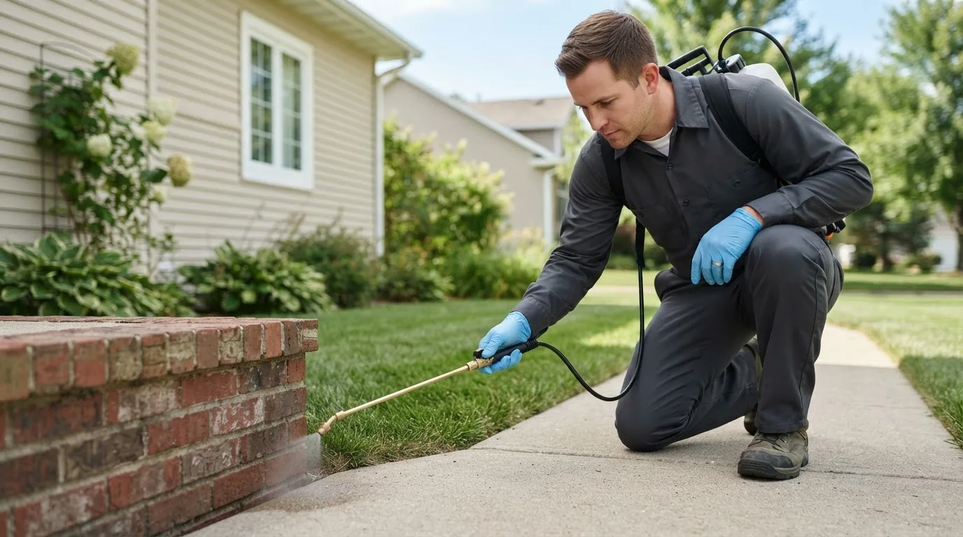 Pest control technician treating a home near Logansport, IN