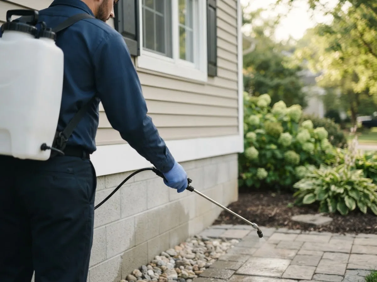 Pest control technician inspecting a home in Logansport, IN